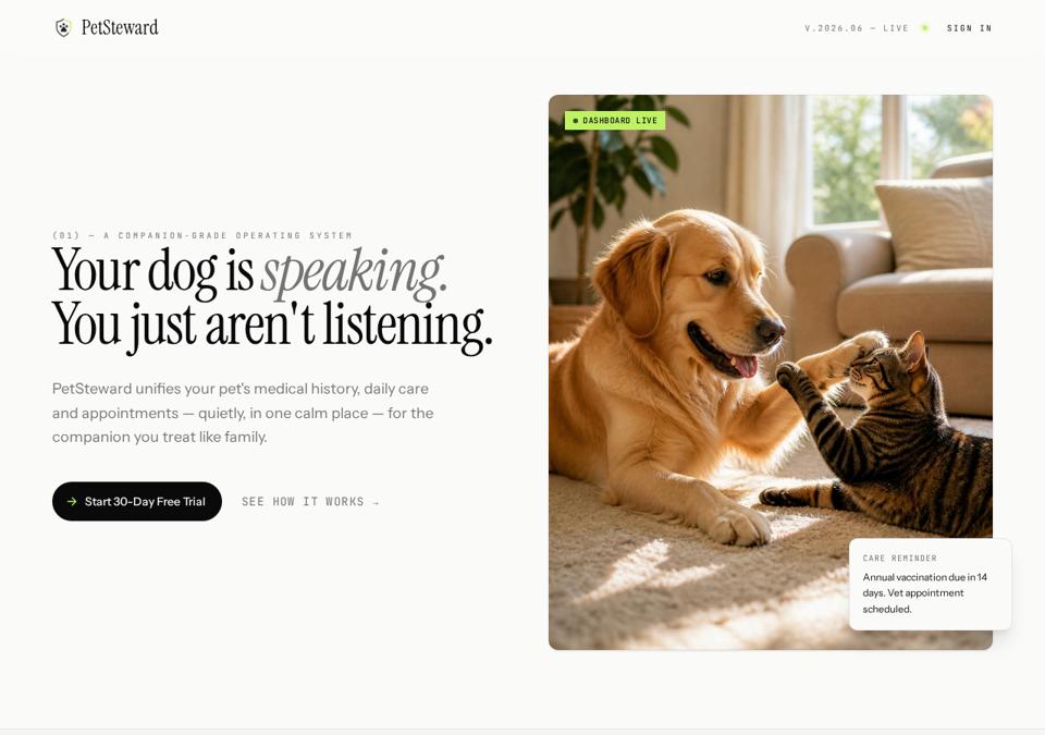Petsteward.ai website showing its pet care app